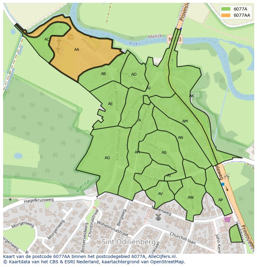 Afbeelding van het postcodegebied 6077 AA op de kaart.