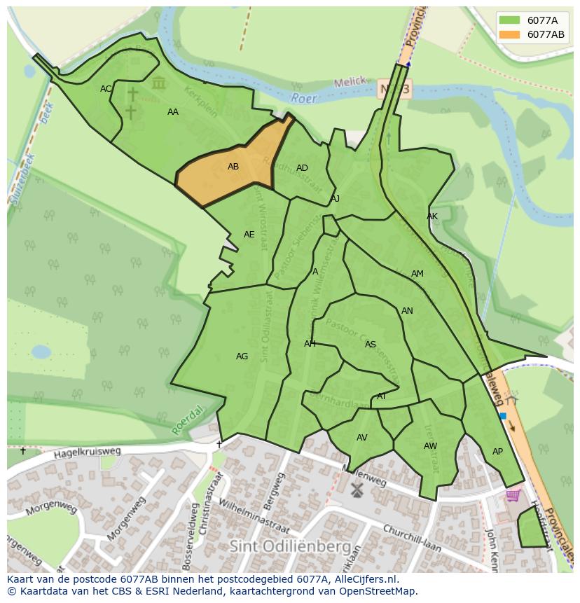 Afbeelding van het postcodegebied 6077 AB op de kaart.
