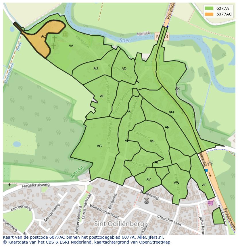 Afbeelding van het postcodegebied 6077 AC op de kaart.