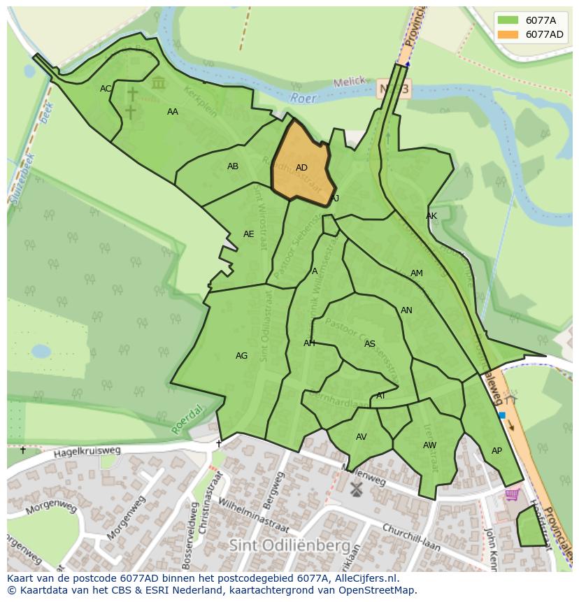 Afbeelding van het postcodegebied 6077 AD op de kaart.