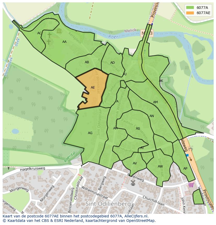 Afbeelding van het postcodegebied 6077 AE op de kaart.