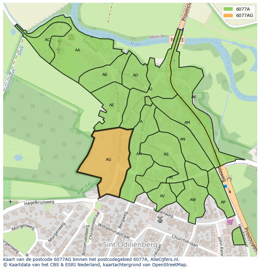 Afbeelding van het postcodegebied 6077 AG op de kaart.