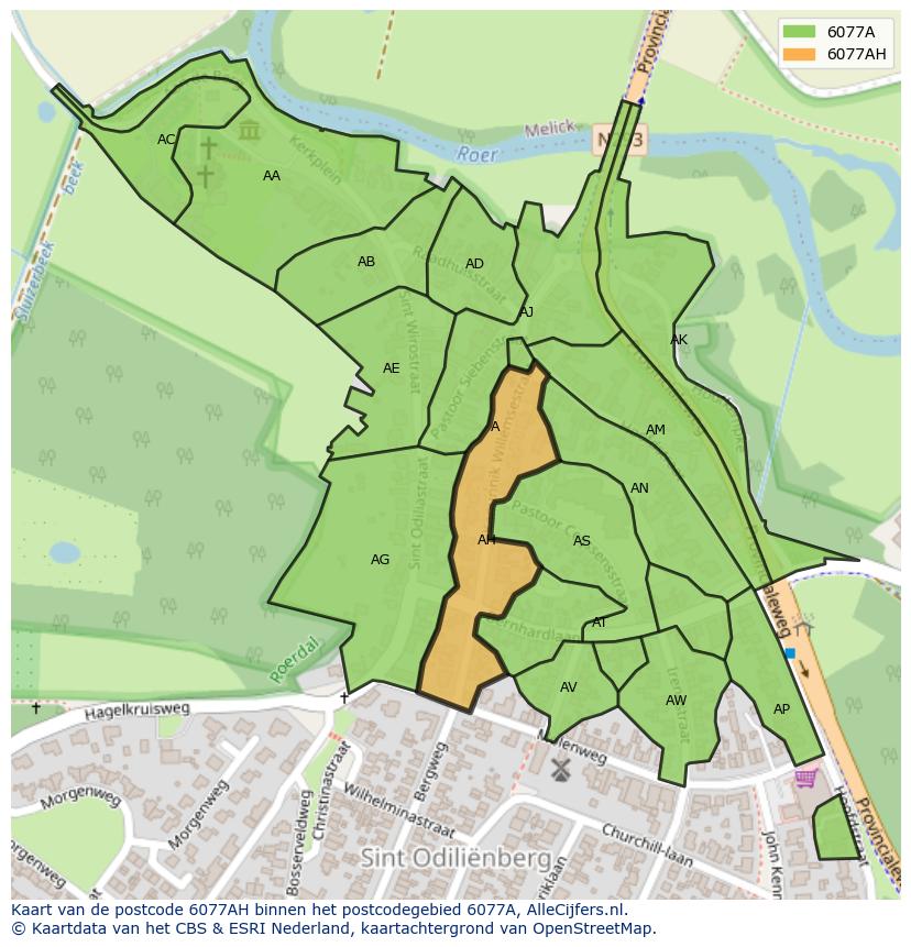 Afbeelding van het postcodegebied 6077 AH op de kaart.