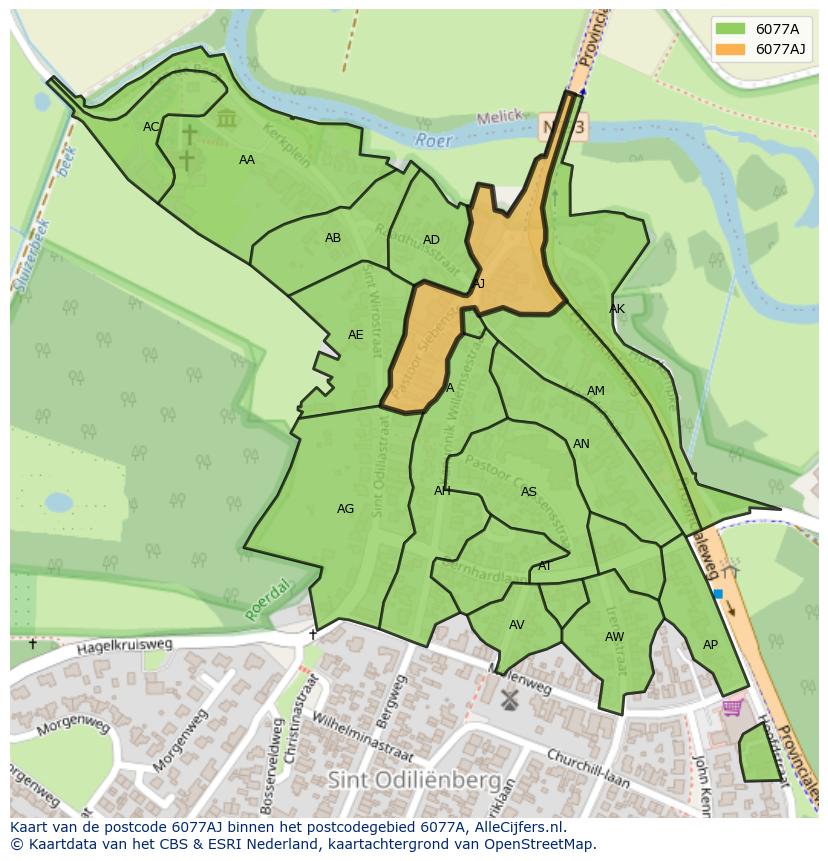 Afbeelding van het postcodegebied 6077 AJ op de kaart.