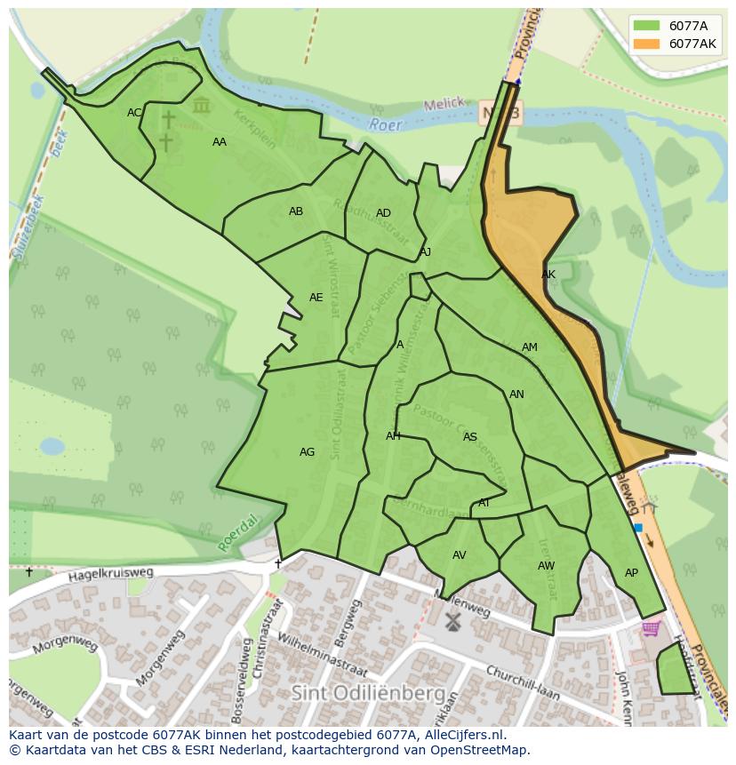 Afbeelding van het postcodegebied 6077 AK op de kaart.