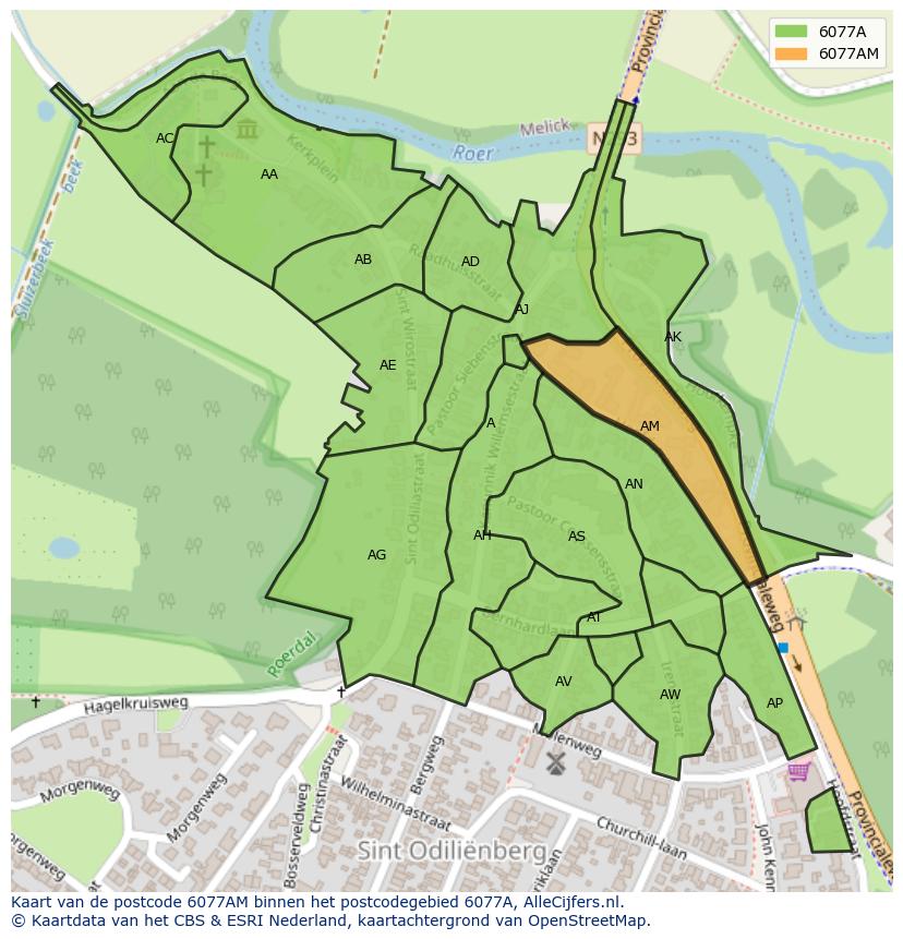 Afbeelding van het postcodegebied 6077 AM op de kaart.