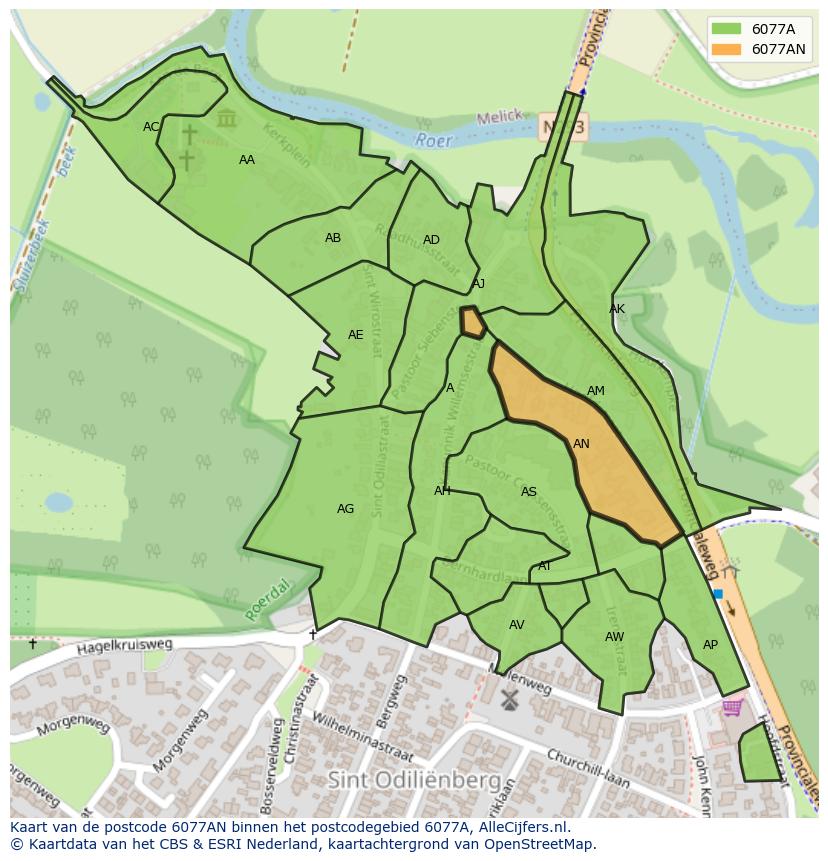 Afbeelding van het postcodegebied 6077 AN op de kaart.