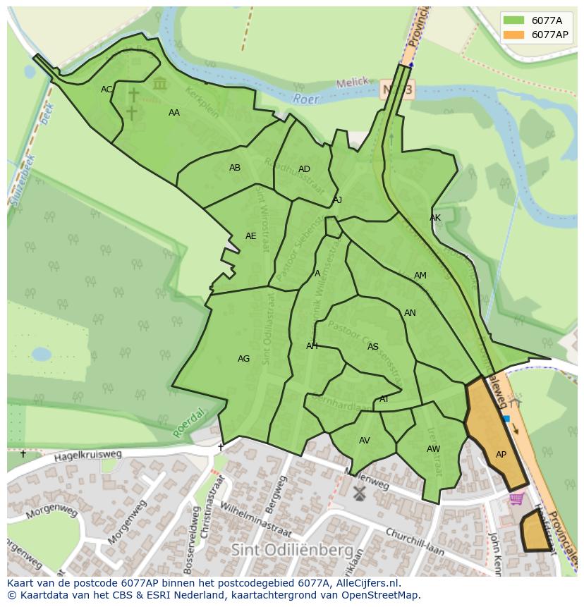 Afbeelding van het postcodegebied 6077 AP op de kaart.