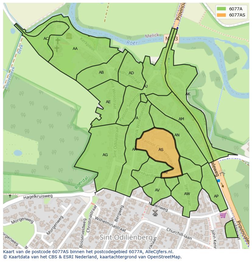 Afbeelding van het postcodegebied 6077 AS op de kaart.