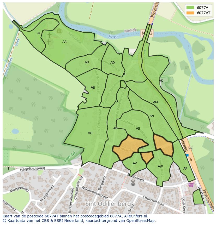 Afbeelding van het postcodegebied 6077 AT op de kaart.