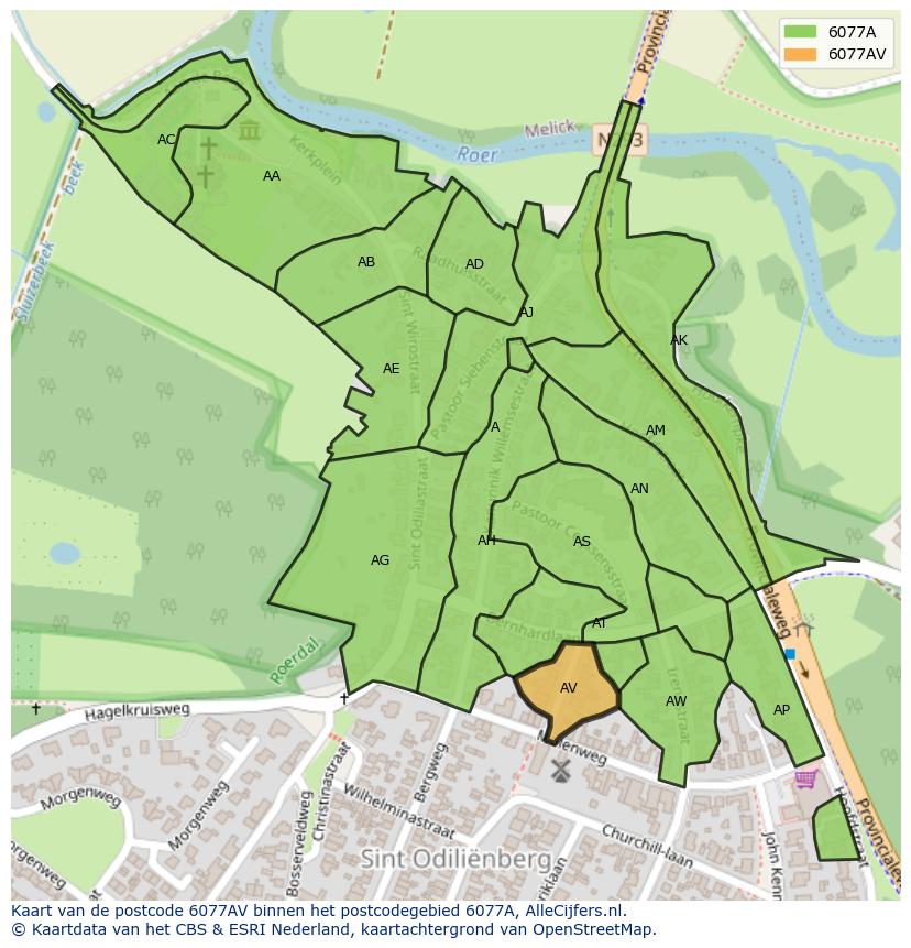 Afbeelding van het postcodegebied 6077 AV op de kaart.