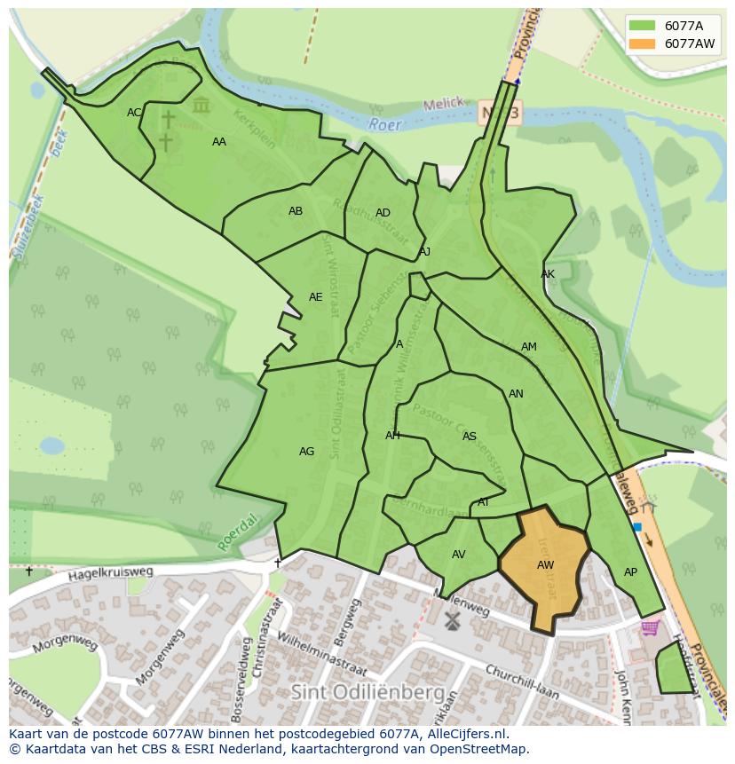 Afbeelding van het postcodegebied 6077 AW op de kaart.
