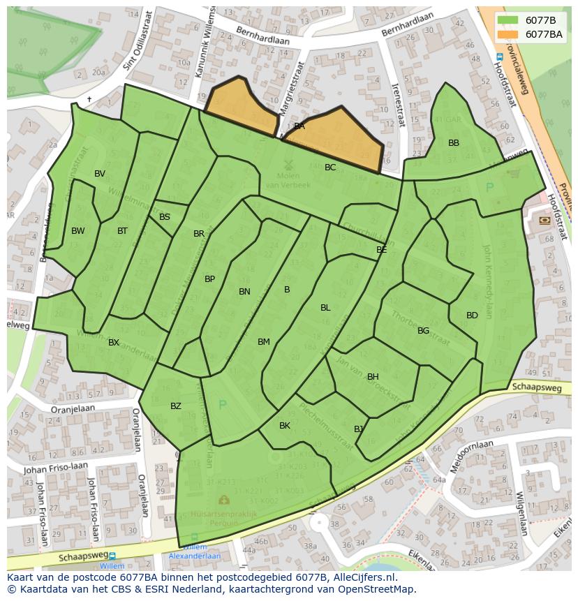 Afbeelding van het postcodegebied 6077 BA op de kaart.