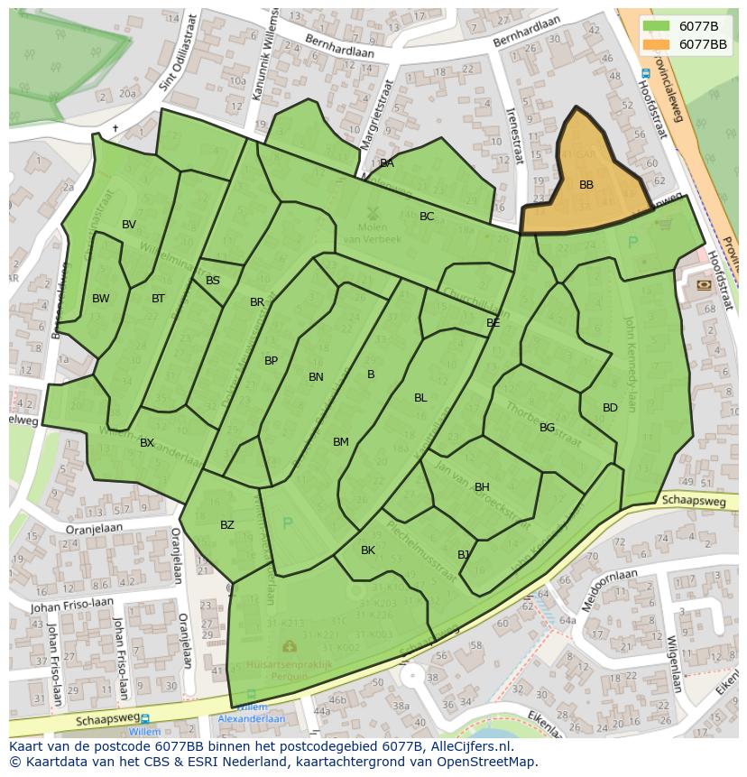 Afbeelding van het postcodegebied 6077 BB op de kaart.