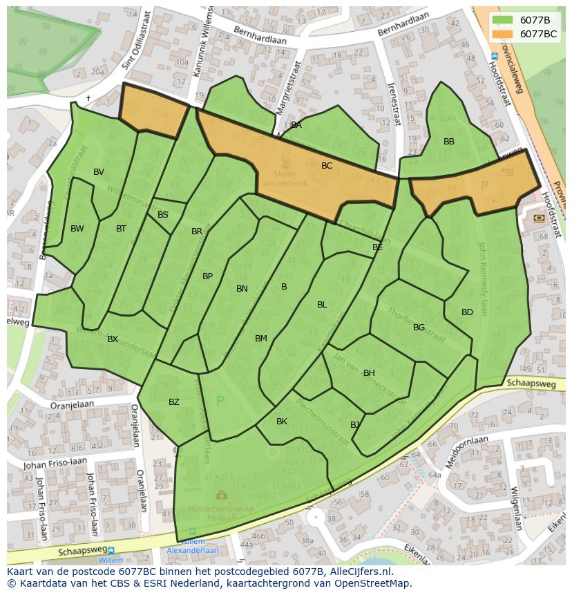 Afbeelding van het postcodegebied 6077 BC op de kaart.