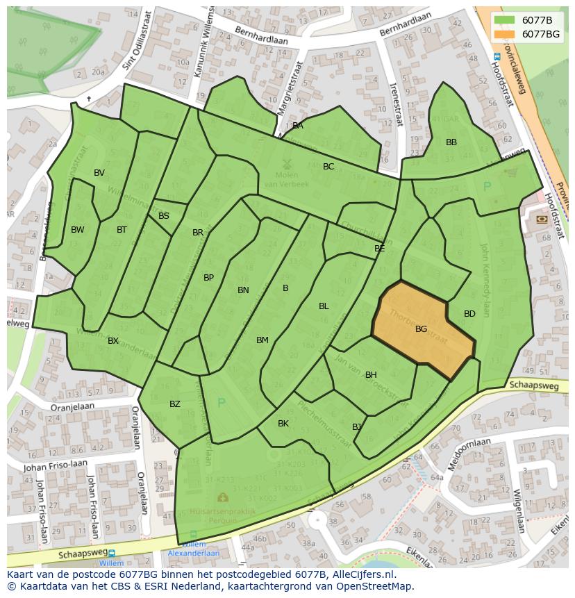 Afbeelding van het postcodegebied 6077 BG op de kaart.