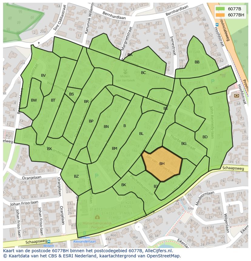 Afbeelding van het postcodegebied 6077 BH op de kaart.