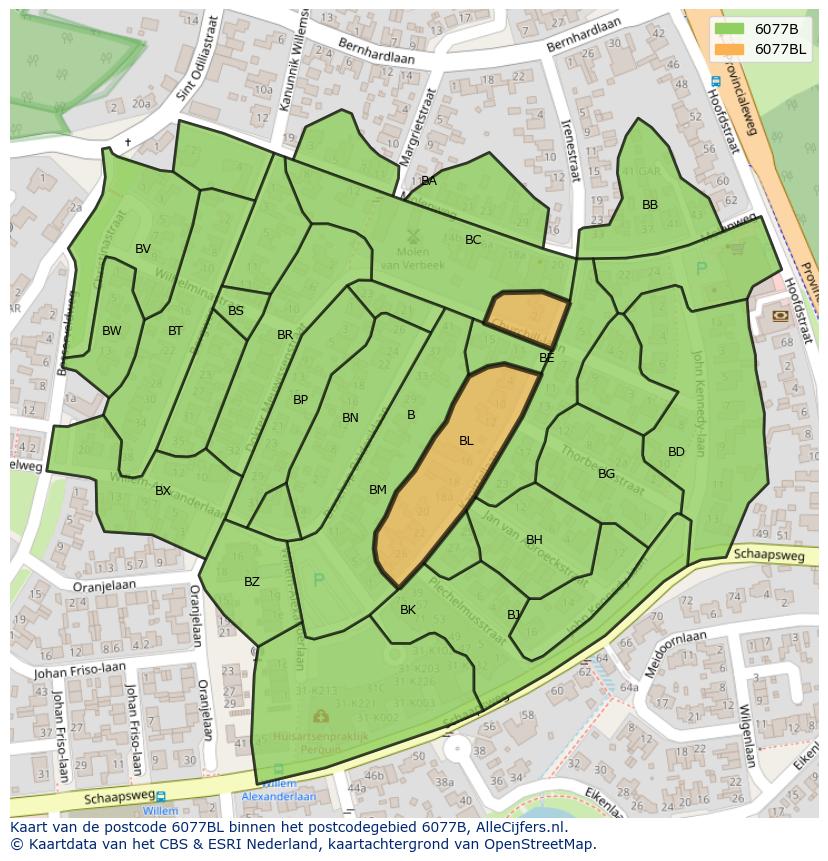Afbeelding van het postcodegebied 6077 BL op de kaart.