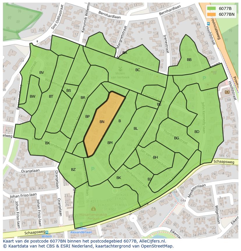 Afbeelding van het postcodegebied 6077 BN op de kaart.