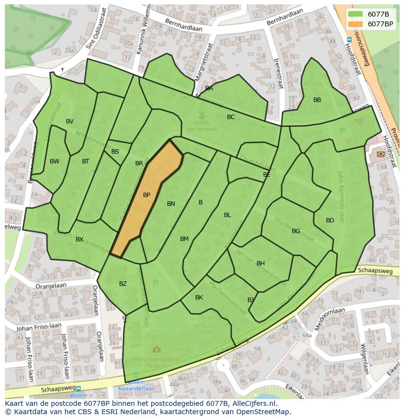 Afbeelding van het postcodegebied 6077 BP op de kaart.