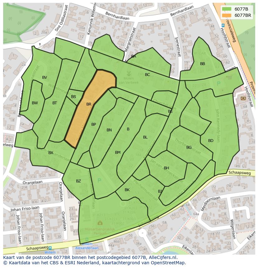 Afbeelding van het postcodegebied 6077 BR op de kaart.