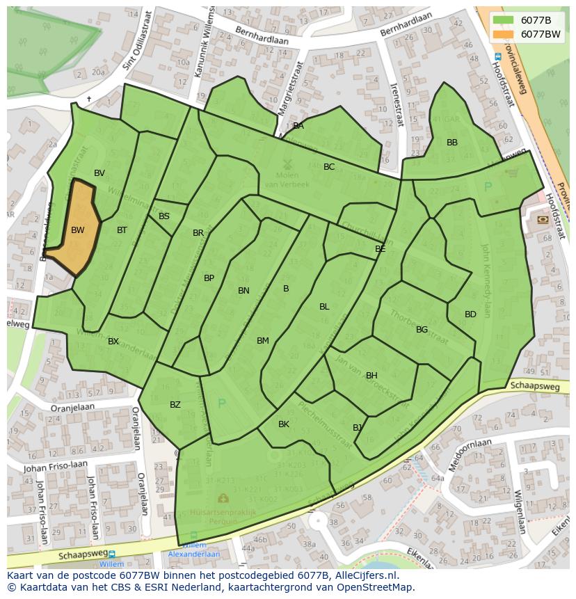 Afbeelding van het postcodegebied 6077 BW op de kaart.