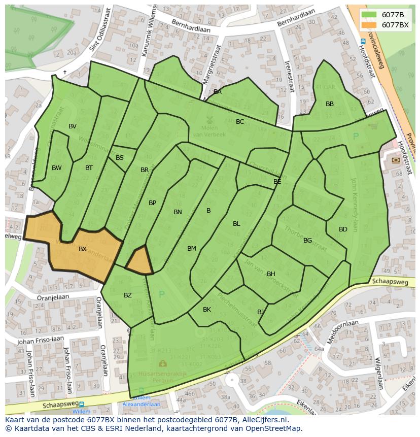 Afbeelding van het postcodegebied 6077 BX op de kaart.