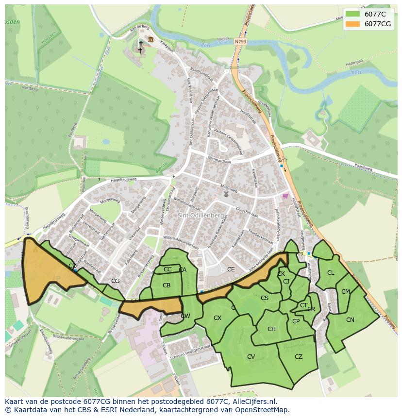 Afbeelding van het postcodegebied 6077 CG op de kaart.