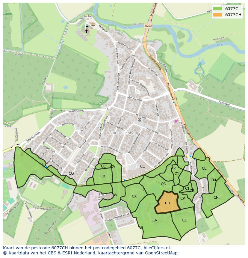 Afbeelding van het postcodegebied 6077 CH op de kaart.
