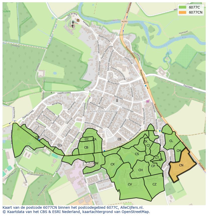 Afbeelding van het postcodegebied 6077 CN op de kaart.