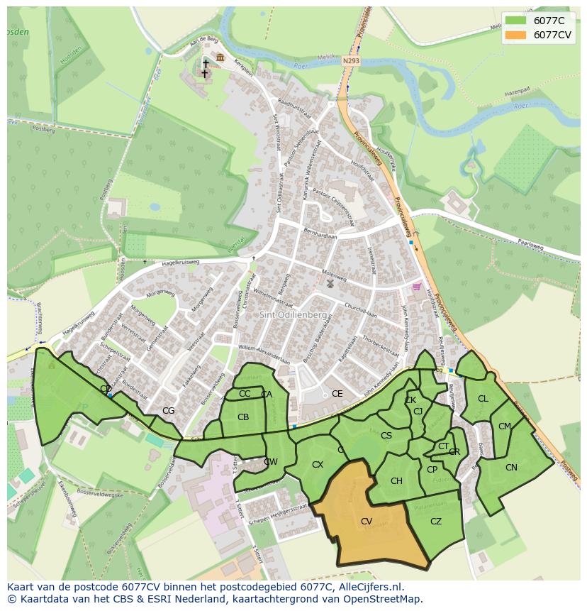 Afbeelding van het postcodegebied 6077 CV op de kaart.