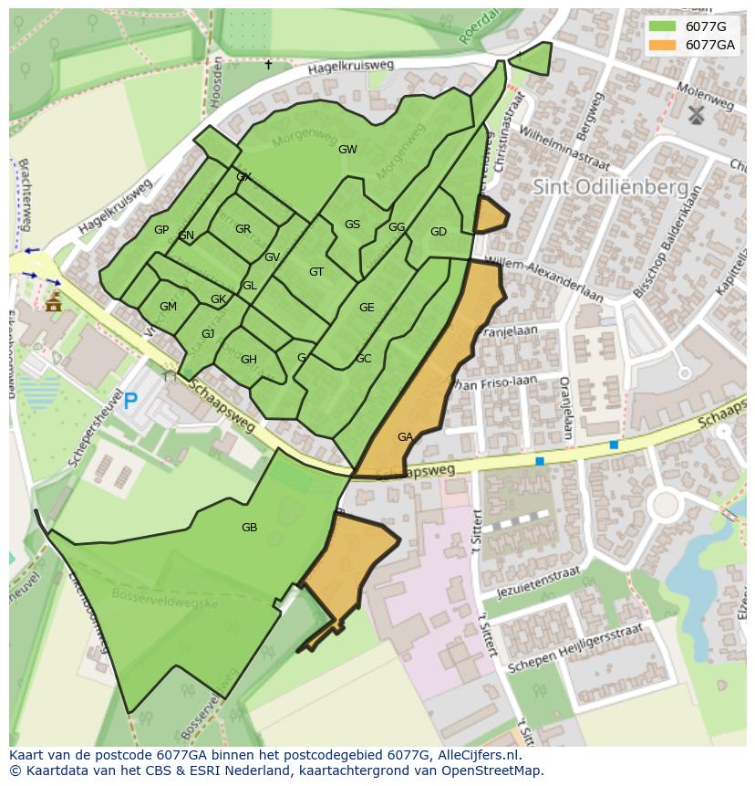 Afbeelding van het postcodegebied 6077 GA op de kaart.