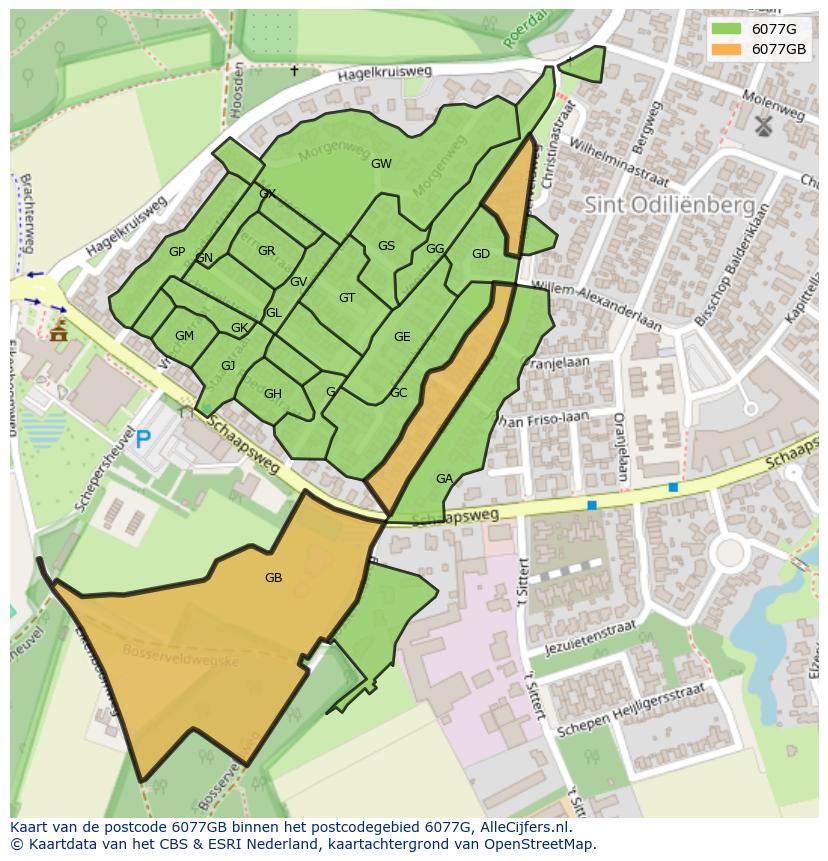 Afbeelding van het postcodegebied 6077 GB op de kaart.