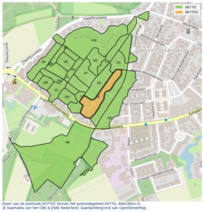 Afbeelding van het postcodegebied 6077 GC op de kaart.