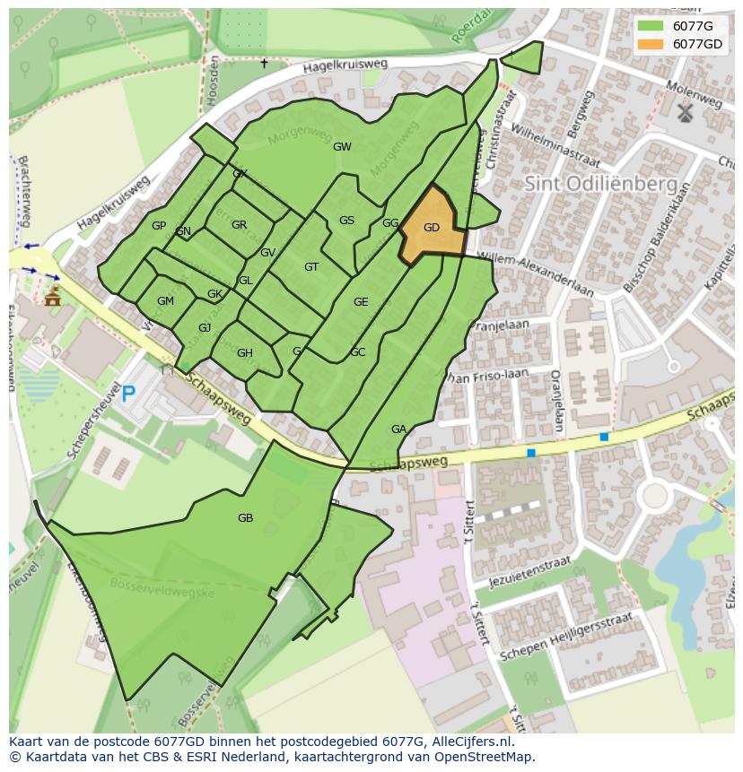 Afbeelding van het postcodegebied 6077 GD op de kaart.