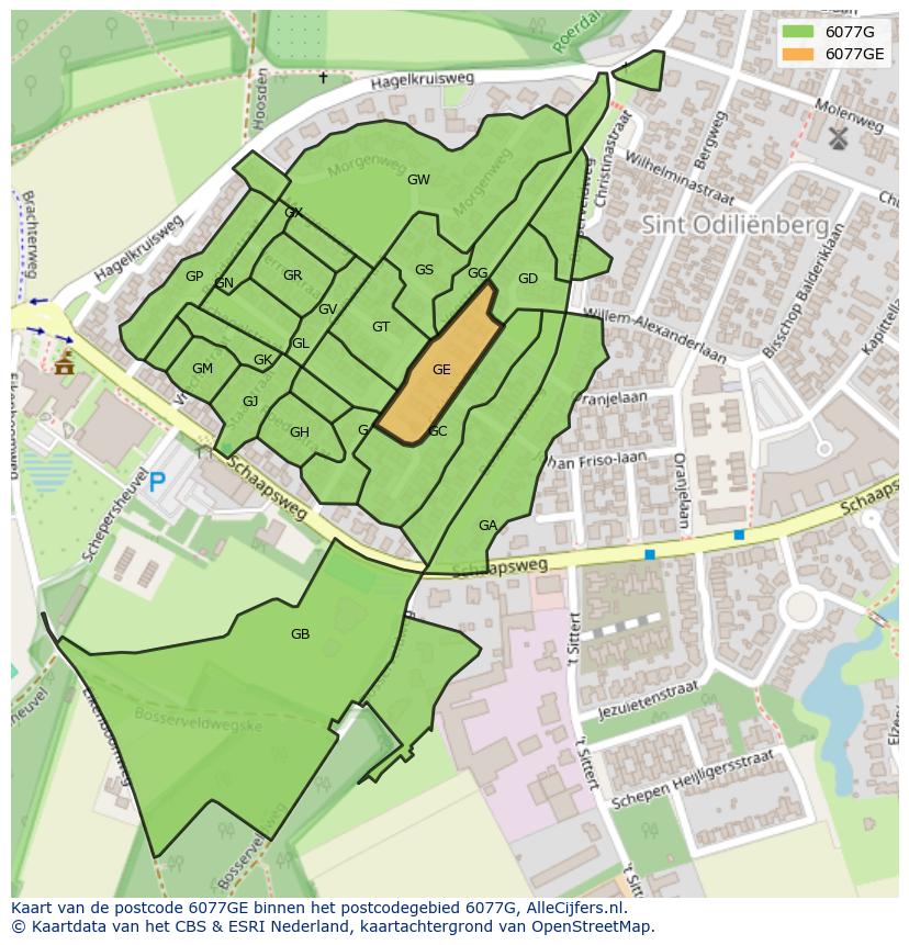 Afbeelding van het postcodegebied 6077 GE op de kaart.