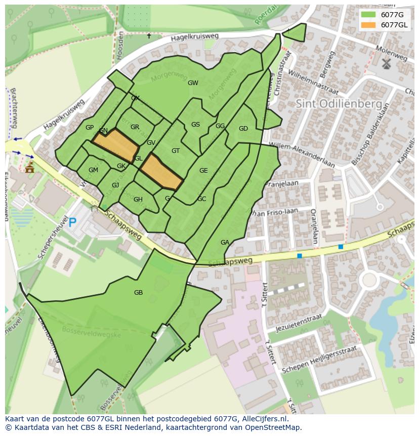Afbeelding van het postcodegebied 6077 GL op de kaart.