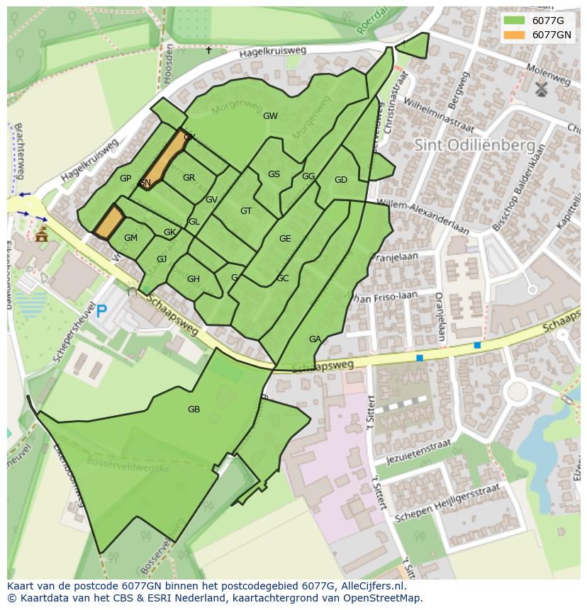 Afbeelding van het postcodegebied 6077 GN op de kaart.
