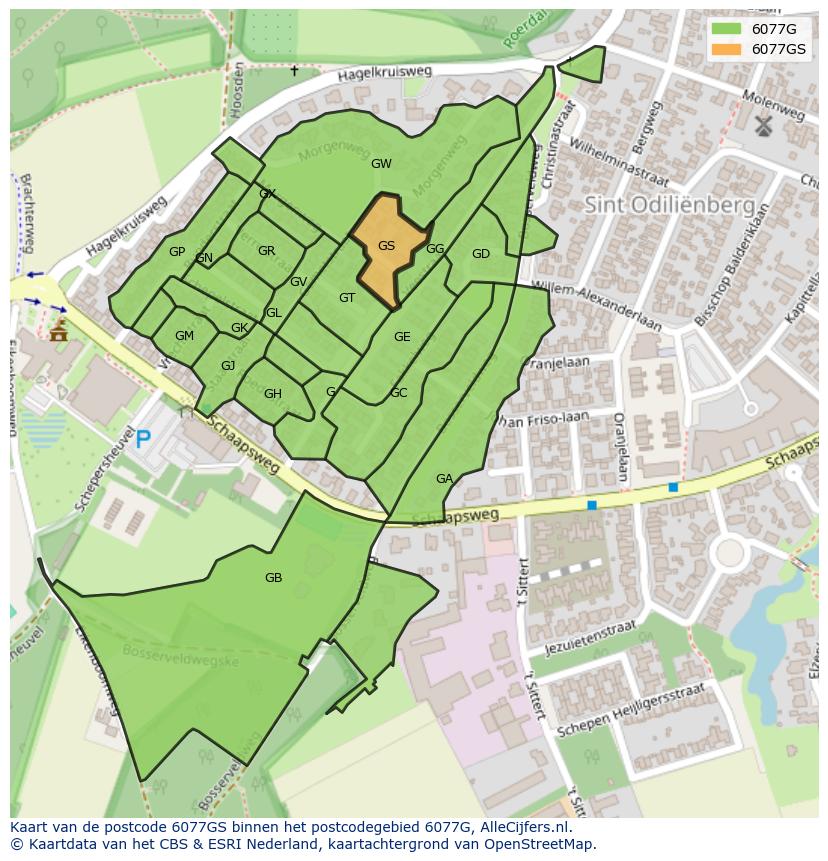 Afbeelding van het postcodegebied 6077 GS op de kaart.