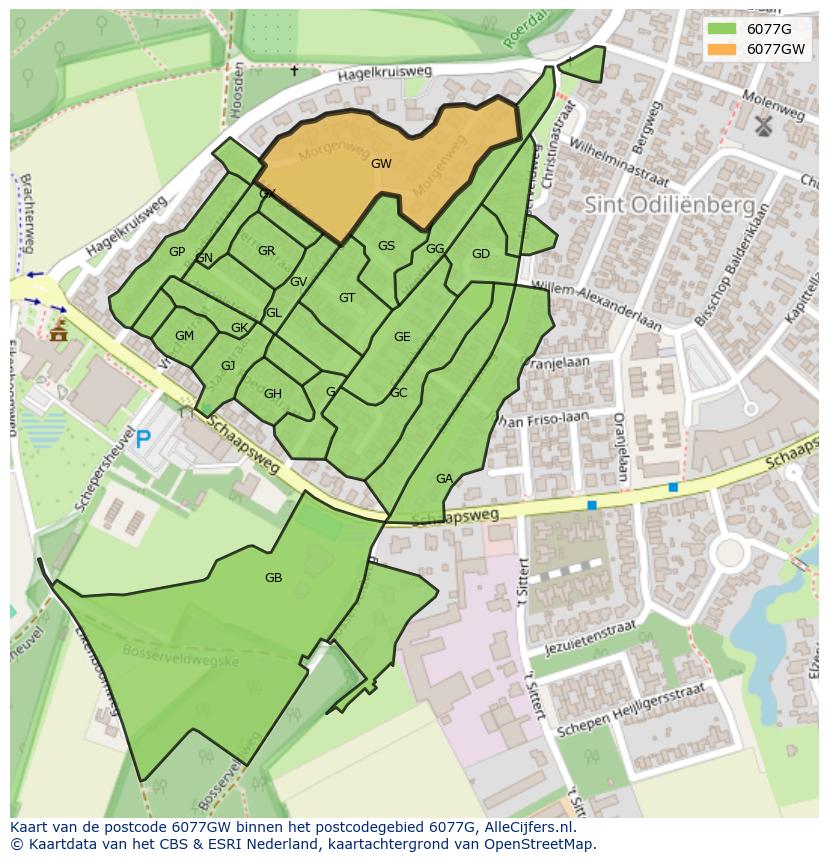 Afbeelding van het postcodegebied 6077 GW op de kaart.