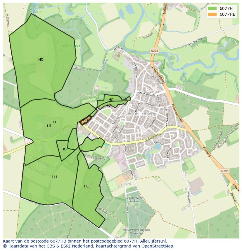 Afbeelding van het postcodegebied 6077 HB op de kaart.