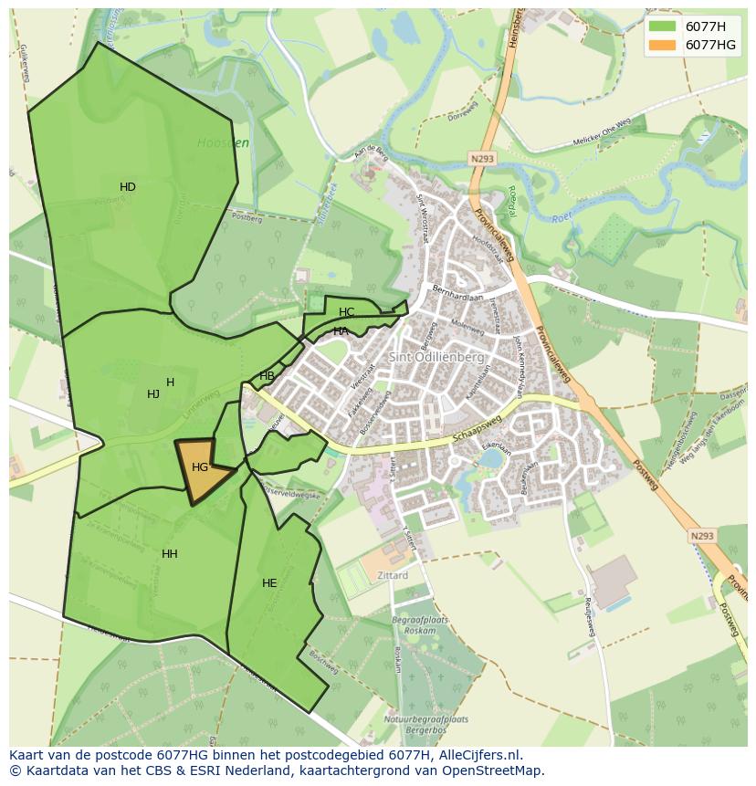 Afbeelding van het postcodegebied 6077 HG op de kaart.