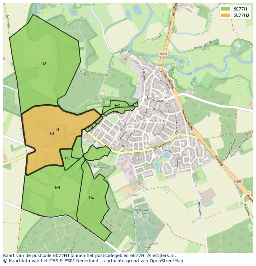 Afbeelding van het postcodegebied 6077 HJ op de kaart.