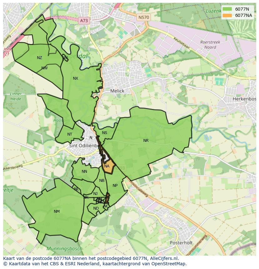 Afbeelding van het postcodegebied 6077 NA op de kaart.