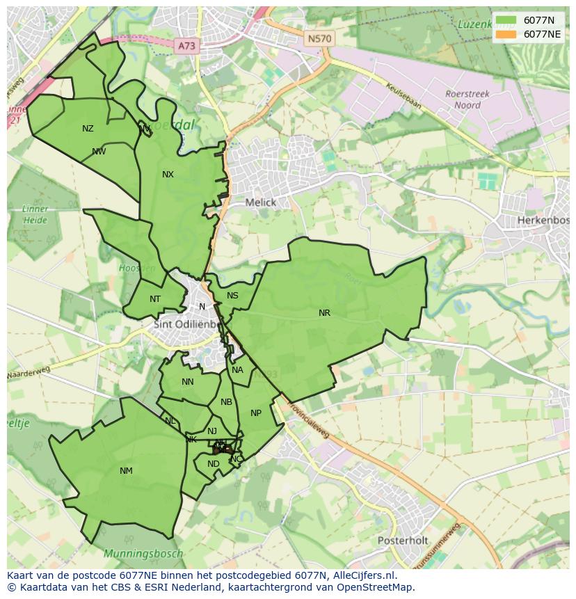 Afbeelding van het postcodegebied 6077 NE op de kaart.