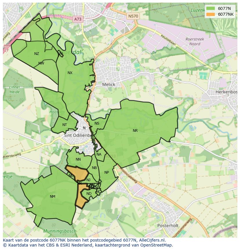 Afbeelding van het postcodegebied 6077 NK op de kaart.