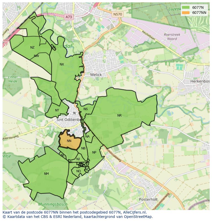 Afbeelding van het postcodegebied 6077 NN op de kaart.