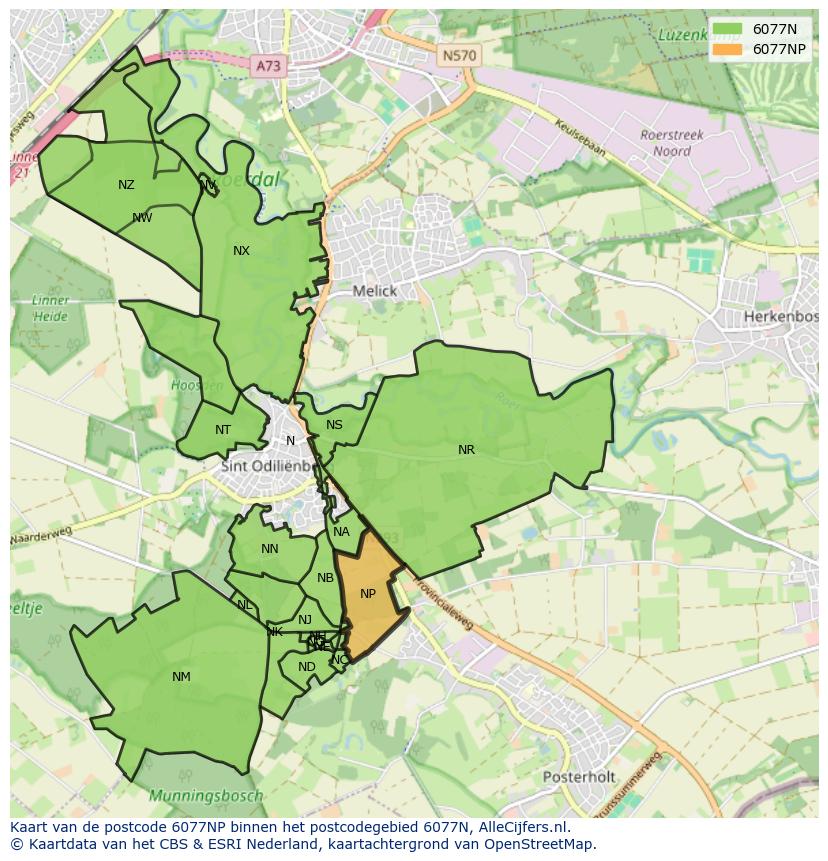 Afbeelding van het postcodegebied 6077 NP op de kaart.