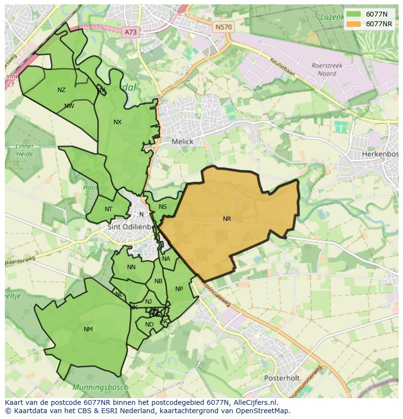 Afbeelding van het postcodegebied 6077 NR op de kaart.