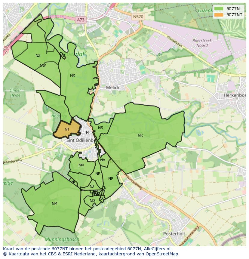 Afbeelding van het postcodegebied 6077 NT op de kaart.